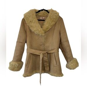 VTG 90s Penny Lane Faux Fur Suede Coat Boho Belted Jacket L